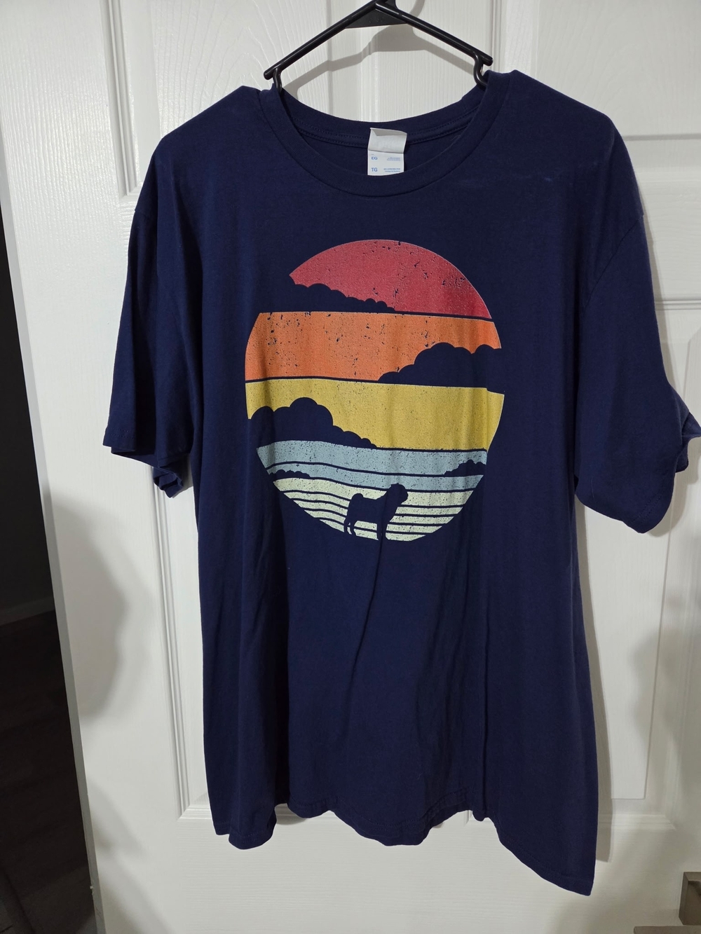 Pug Silhoutte on the Beach at Sunset Navy Mens XL Tshirt